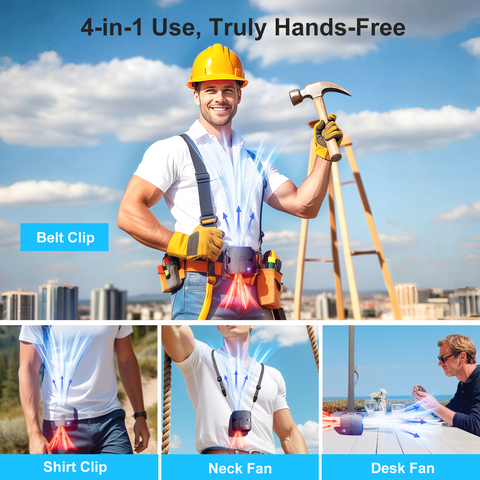 Portable Waist Fan Clip On Up to 40H Cooling, 14000RPM Powerful Airflow, 6000mAh Shirt Fans Rechargeable, 6 Speeds Body Fan with Neck Strap, Wearable Belt Fans for Outdoor Work Travel